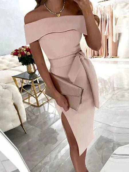 Women's Off-Shoulder Midi Sheath Dress with Sash and Side Slit with practical styling and dependable silhouette control.