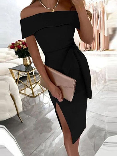 Women's Off-Shoulder Midi Sheath Dress with Sash and Side Slit with practical styling and dependable silhouette control.