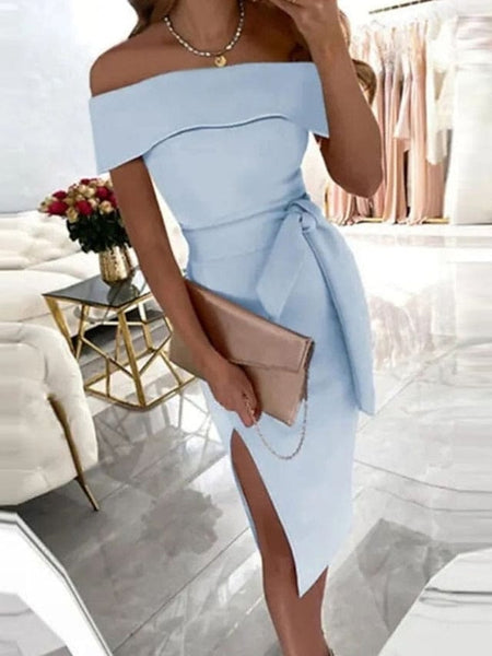 Women's Off-Shoulder Midi Sheath Dress with Sash and Side Slit with practical styling and dependable silhouette control.