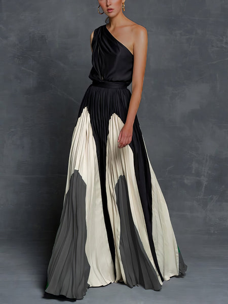 Women's Elegant One Shoulder Colorblock A Line Prom Dress