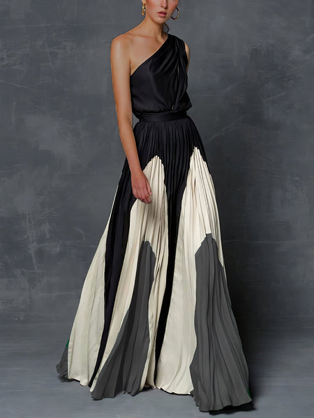 Women's Elegant One Shoulder Colorblock A Line Prom Dress