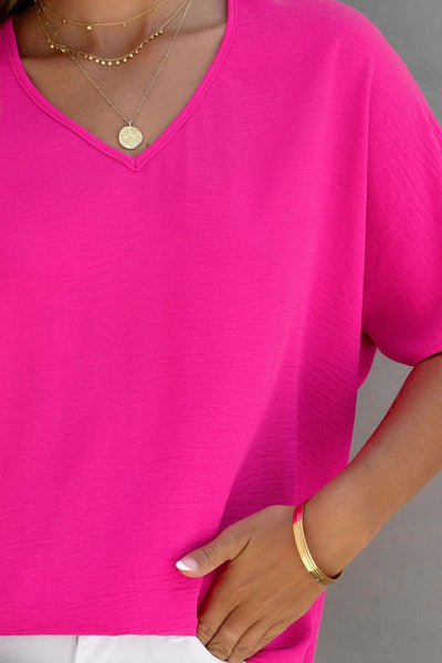 Elegant Pink Polyester V-Neck Summer Blouse