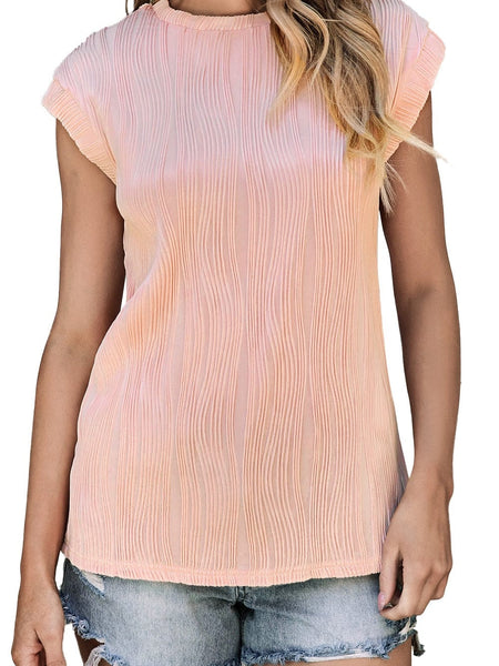 Elegant Pink Wavy Textured Short Sleeve Blouse