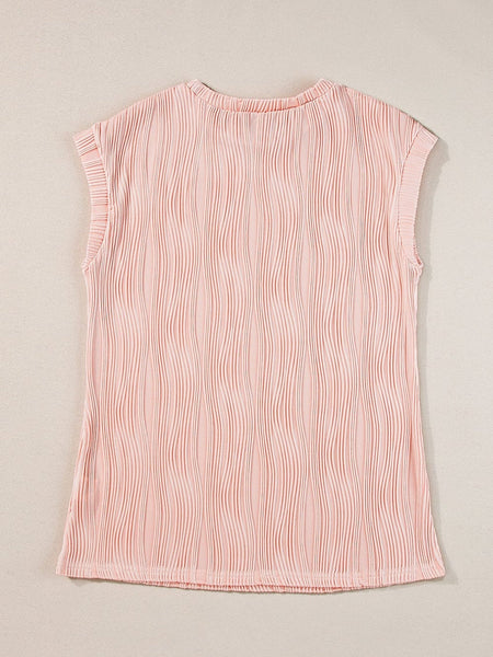 Elegant Pink Wavy Textured Short Sleeve Blouse