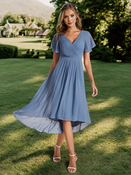 Pleated Chiffon High-Low Dress