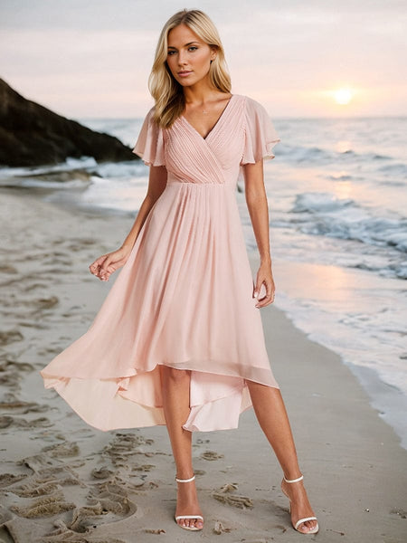 Pleated Chiffon High-Low Dress