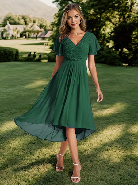 Pleated Chiffon High-Low Dress