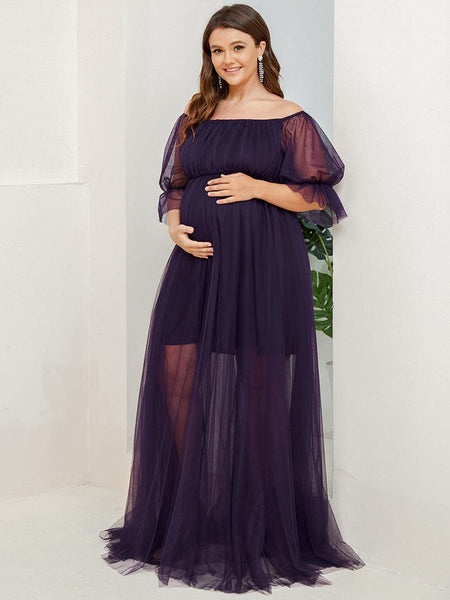 Elegant Plus Size A-line Maternity Dress with Short Puff Sleeves