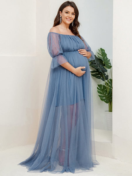 Elegant Plus Size A-line Maternity Dress with Short Puff Sleeves
