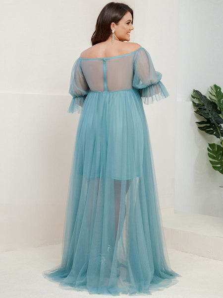 Elegant Plus Size A-line Maternity Dress with Short Puff Sleeves