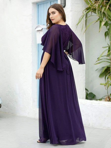 Elegant Plus Size Deep V Neck Lace Evening Gown