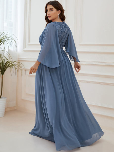 Elegant Plus Size Deep V Neck Lace Evening Gown