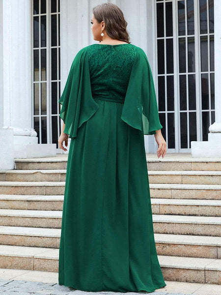 Elegant Plus Size Deep V Neck Lace Evening Gown