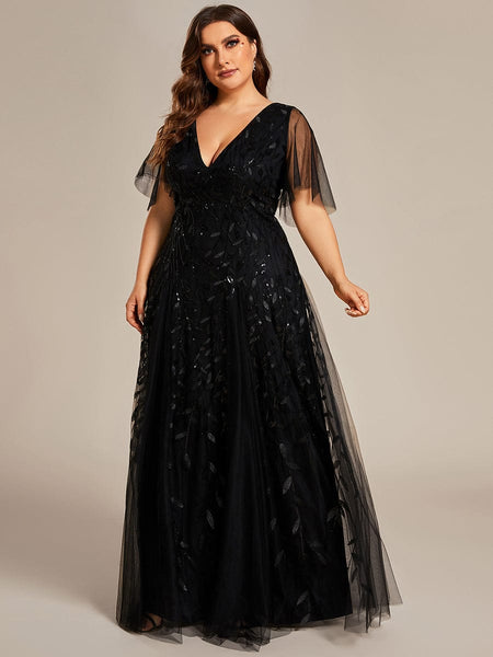 Women's Emerald Leaf Sequin A-Line Plus Size Evening Gown