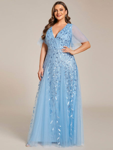 Women's Emerald Leaf Sequin A-Line Plus Size Evening Gown