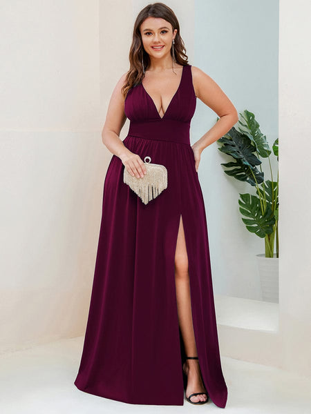 Elegant Plus Size V-Neck Empire Waist Evening Gown with High Slit
