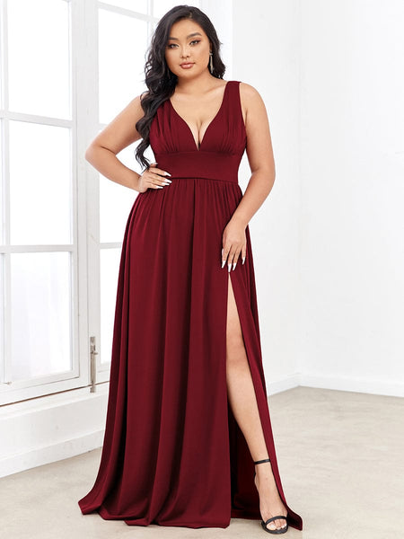 Elegant Plus Size V-Neck Empire Waist Evening Gown with High Slit