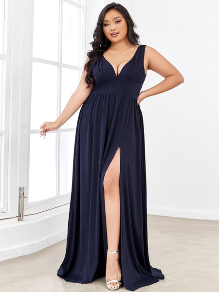 Elegant Plus Size V-Neck Empire Waist Evening Gown with High Slit