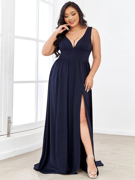 Elegant Plus Size V-Neck Empire Waist Evening Gown with High Slit