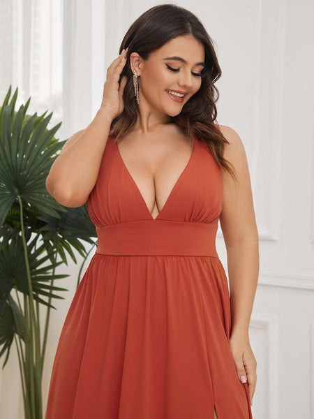 Elegant Plus Size V-Neck Empire Waist Evening Gown with High Slit