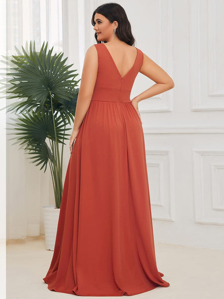 Elegant Plus Size V-Neck Empire Waist Evening Gown with High Slit