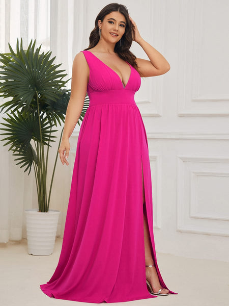 Elegant Plus Size V-Neck Empire Waist Evening Gown with High Slit