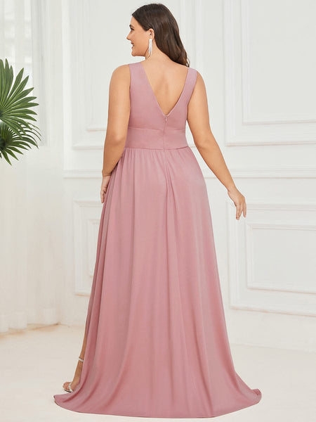 Elegant Plus Size V-Neck Empire Waist Evening Gown with High Slit
