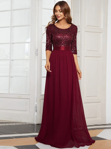 Women's Emerald Sequin Bodice A-Line Chiffon Evening Gown