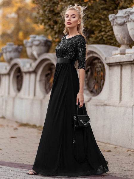 Women's Emerald Sequin Bodice A-Line Chiffon Evening Gown
