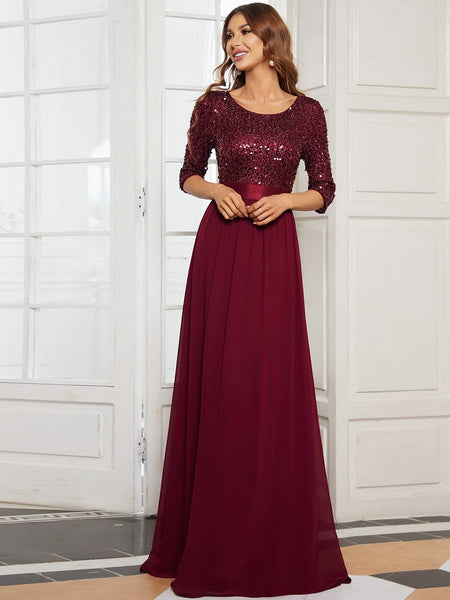 Women's Emerald Sequin Bodice A-Line Chiffon Evening Gown