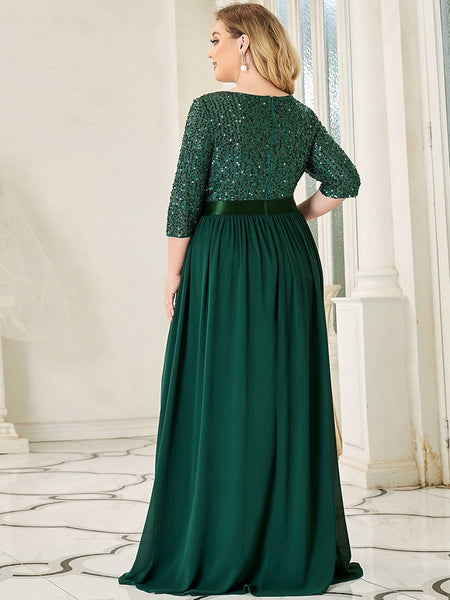 Women's Emerald Sequin Bodice A-Line Chiffon Evening Gown