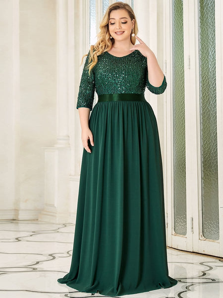 Women's Emerald Sequin Bodice A-Line Chiffon Evening Gown