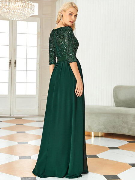 Women's Emerald Sequin Bodice A-Line Chiffon Evening Gown