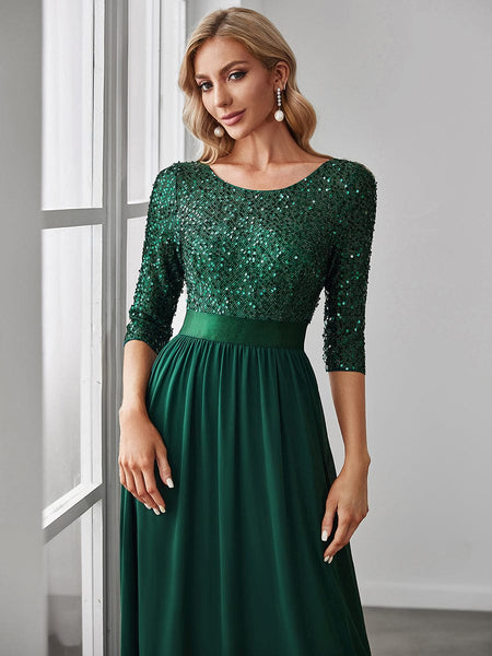 Women's Emerald Sequin Bodice A-Line Chiffon Evening Gown