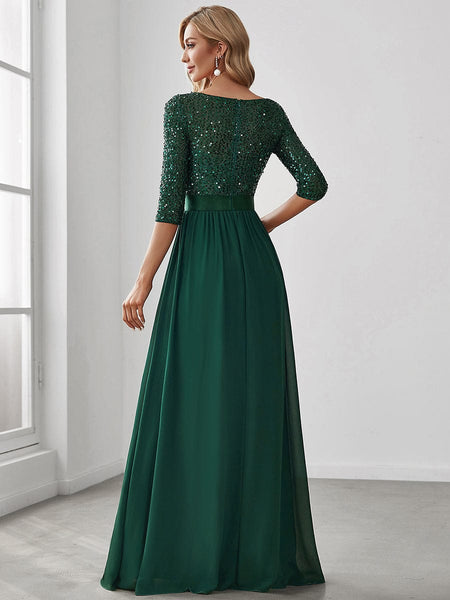 Women's Emerald Sequin Bodice A-Line Chiffon Evening Gown