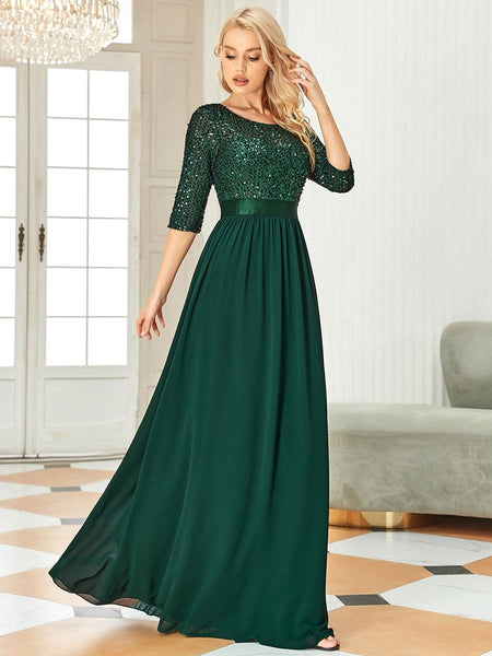 Women's Emerald Sequin Bodice A-Line Chiffon Evening Gown