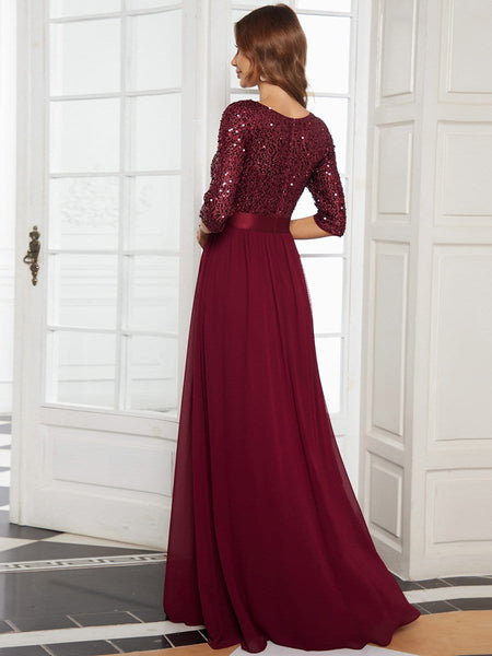 Women's Emerald Sequin Bodice A-Line Chiffon Evening Gown