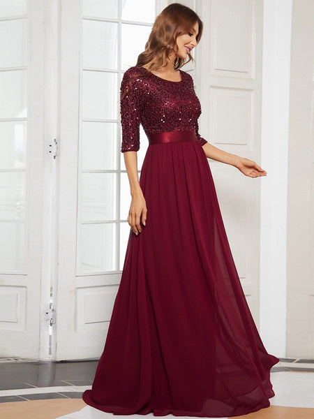 Women's Emerald Sequin Bodice A-Line Chiffon Evening Gown