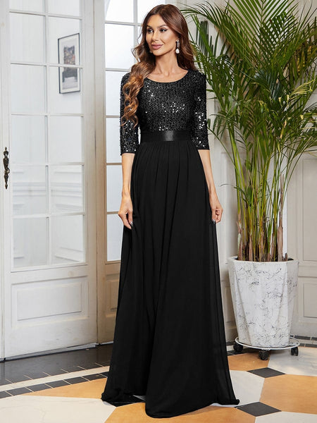 Women's Emerald Sequin Bodice A-Line Chiffon Evening Gown
