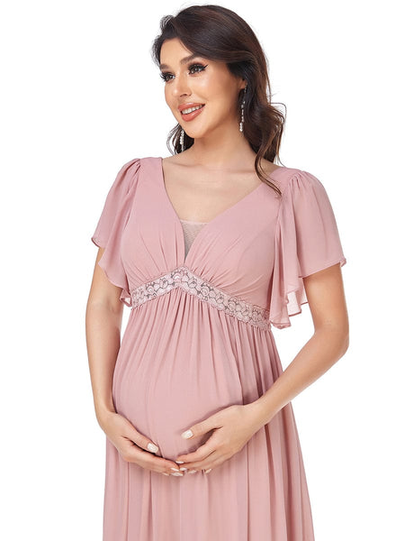 Elegant Ruffled Sleeve A-Line Maternity Dress with Deep V-Neck
