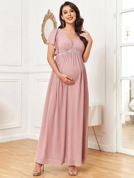 Elegant Ruffled Sleeve A-Line Maternity Dress with Deep V-Neck