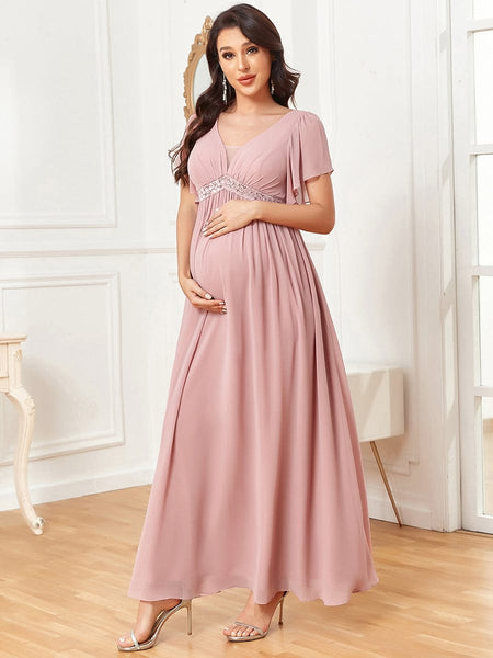 Elegant Ruffled Sleeve A-Line Maternity Dress with Deep V-Neck