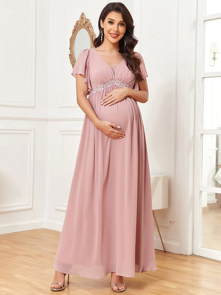 Elegant Ruffled Sleeve A-Line Maternity Dress with Deep V-Neck