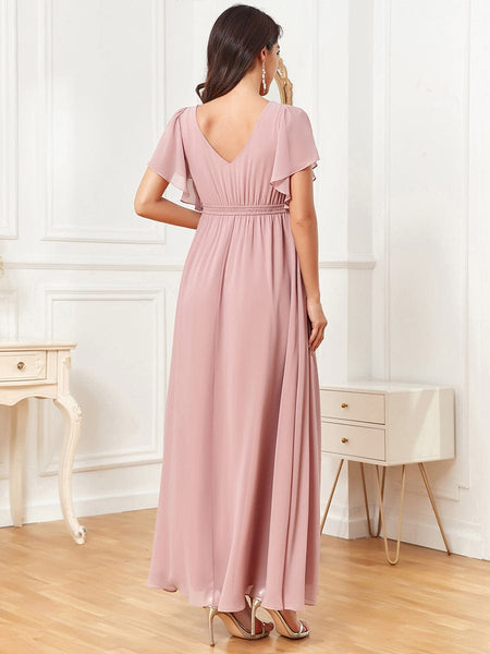 Elegant Ruffled Sleeve A-Line Maternity Dress with Deep V-Neck