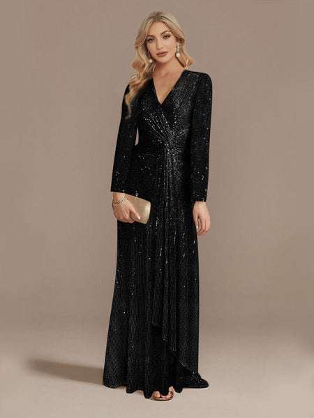 Elegant Sequin V Neck Long Sleeve Floor Length Party Maxi Dress