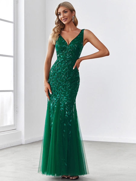 Glamorous Sequin Embellished V-Neck Mermaid Evening Dress