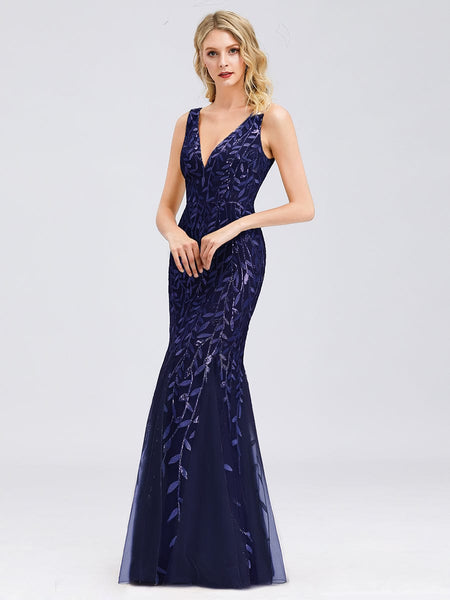 Glamorous Sequin Embellished V-Neck Mermaid Evening Dress