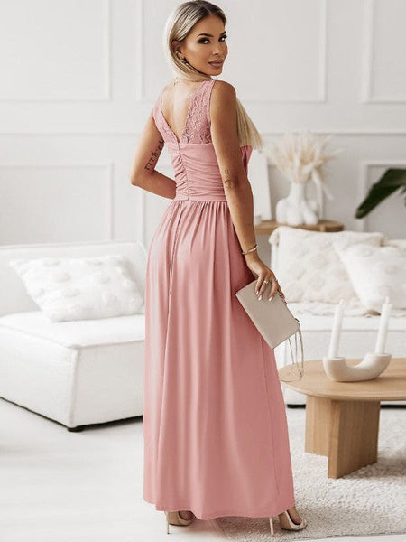 Solid V-Neck Long Sleeve Slit Dress