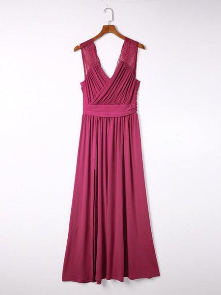 Solid V-Neck Long Sleeve Slit Dress