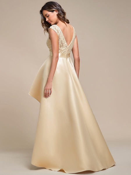 Elegant Sleeveless High Low Lace & Stain Evening Gowns